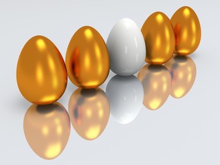 White egg in a row of golden eggs. 3D.