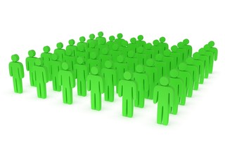 Group of stylized green people stand on white