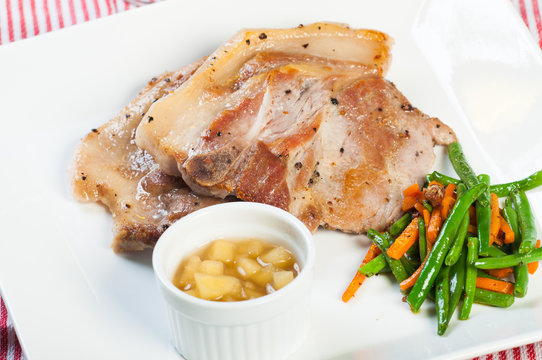 Pork Steak With Apple Sauce And French Beans