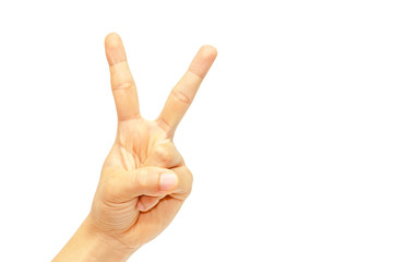Woman's hand with two fingers up isolated on white background