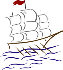 White sailboat on the waves, кораблик