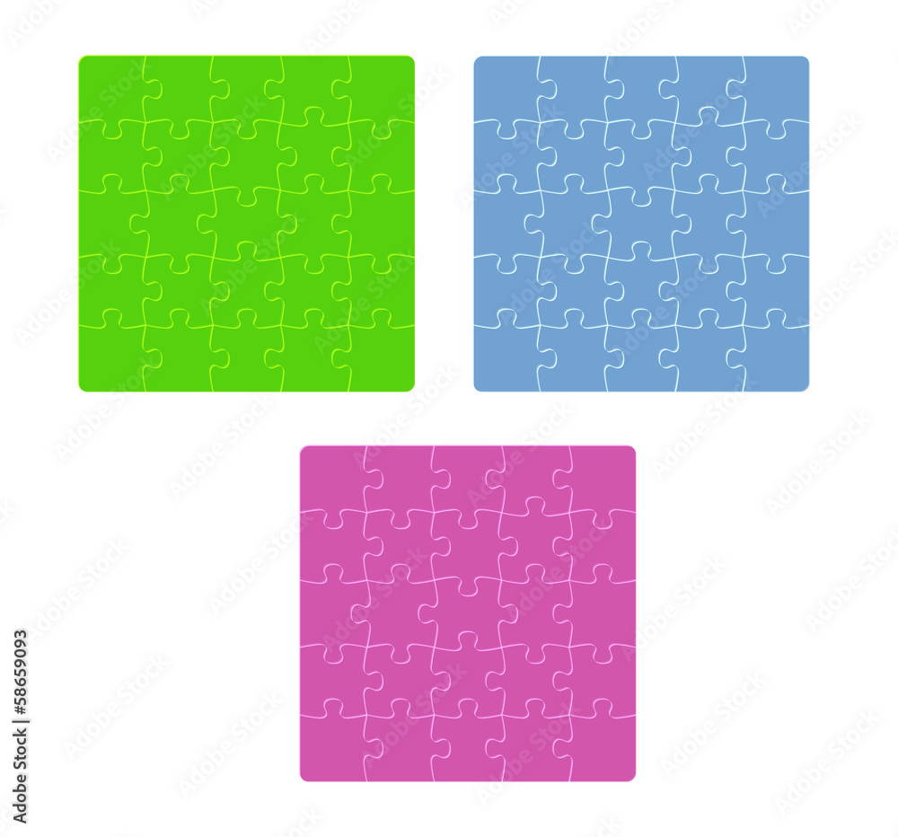 Poster three color puzzle fields with rounded pieces in the corner on w