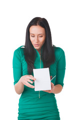 Pretty girl holding white box with gift