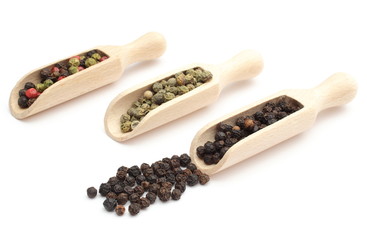 Black, green and colored pepper on wooden spoons