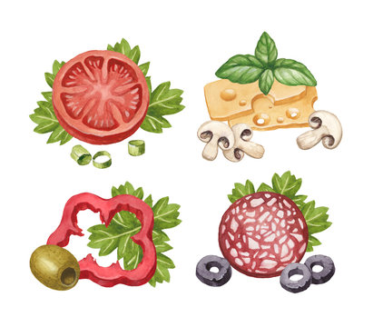 Watercolor illustration of food ingredients