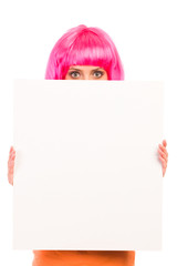 Woman holding a blank white card.