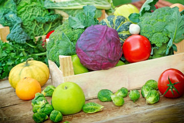 Fresh organic fruits and vegetables in a creates