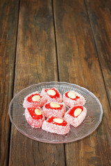 turkish delight on wooden table. ethnic food. lokum.