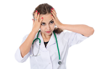 Medical doctor woman with stethoscope problem.