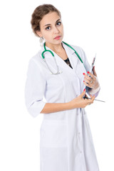 Portrait of a young promising medical doctor in a white coat