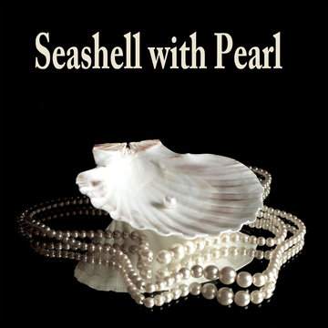 seashell with pearl on black background