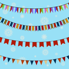 Set of festive colored flags on curved ropes