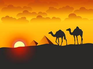 Fototapeta na wymiar Camels and Pyramids - Illustration