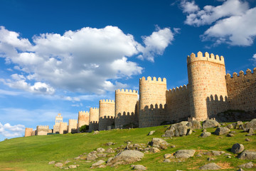 Fototapeta na wymiar Średniowieczny mur miejski zbudowany w stylu romańskim, Avila, Hiszpania