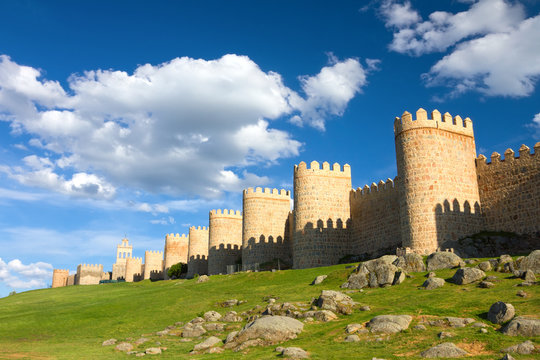 Medieval city wall built in the Romanesque style, Avila, Spain