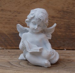 Kleiner weißer Engel mit Buch auf Holz