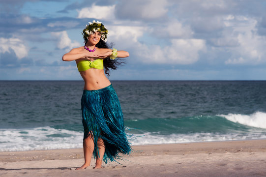 Beautiful, Smiling Hula Dancer on Beach