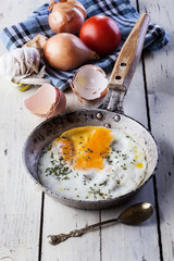 Fried eggs on frying pan