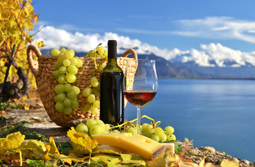 Red wine and grapes on the terrace of vineyard in Lavaux region,