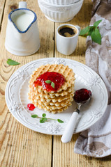 Waffles with jam for breakfast