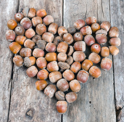 Acorns forming a heart on a wooden background