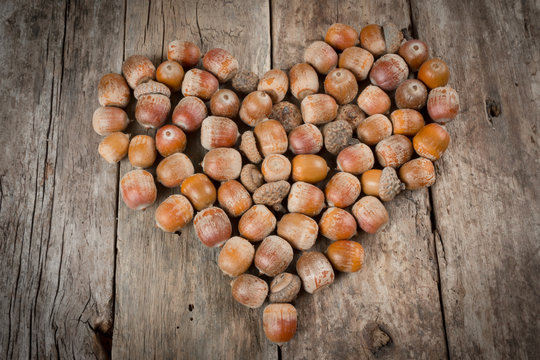 Acorns forming a heart on a wooden background