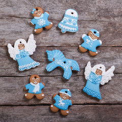 Festive gingerbread cookies on wooden table background