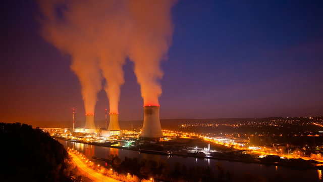 Nuclear Power Station At Night Time Lapse