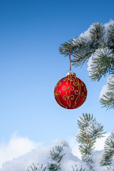 Sparkling Christmas Red Bauble on Pine Tree