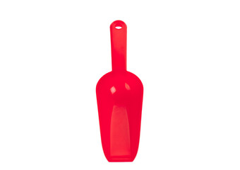 Red plastic transfer scoop used in cooking, isolated on white