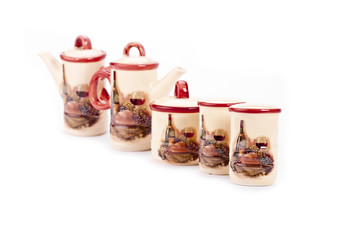 Brown china jar whit wine theme isolated on white background