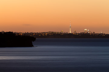 Auckland NZ distant citylight skyline after sunset