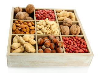assortment of tasty nuts in  wooden box, isolated on white
