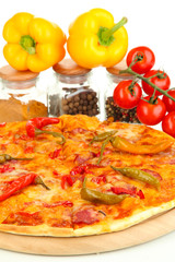 Tasty pepperoni pizza with vegetables on wooden board close-up
