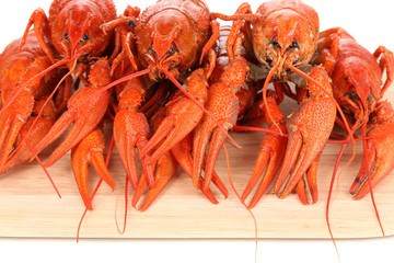 Tasty boiled crayfishes on chopping board close-up