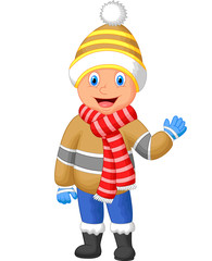 Cartoon illustration of a boy in Winter clothes waving hand
