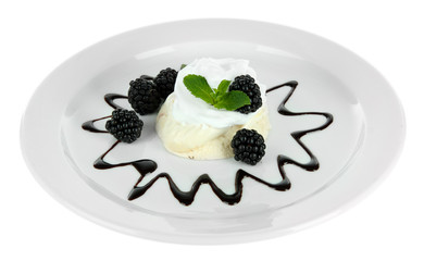 Tasty meringue cake with berries, isolated on white
