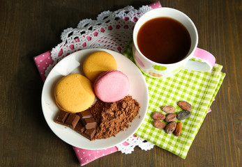 Cocoa in cup with sweets and cocoa powder