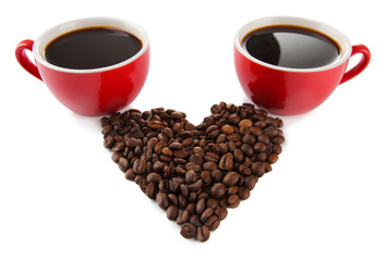 Red cups of strong coffee and coffee beans isolated on white