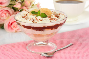 Delicious dessert with banana and caramel