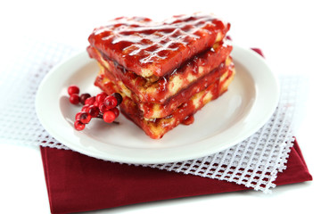 Sweet Belgium waffles with jam, isolated on white