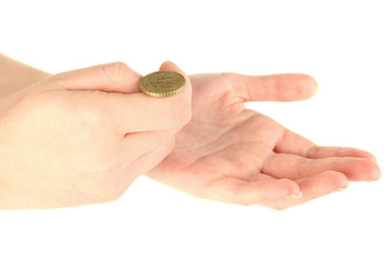 Hands of woman flipping coin isolated on white