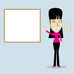 Business woman and whiteboards. Cartoon character.Vector