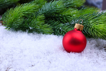 Fototapeta na wymiar Christmas ball and fir tree on light background
