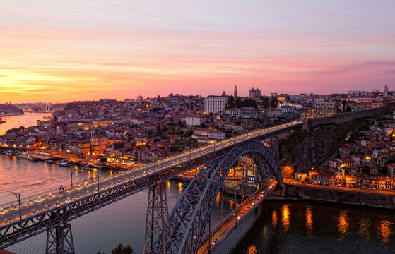 Bridge of Luis I at night over Douro river and Porto, Portugal