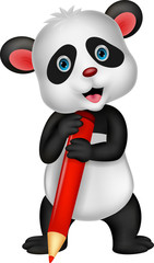 Cute panda bear cartoon holding red pencil