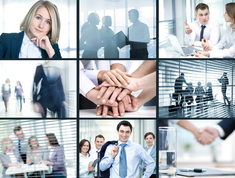 Collage of foto young people working together in business