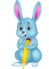 Cute rabbit cartoon holding yellow pencil