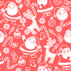 Seamless background with deer, santa, snowflakes, balls.
