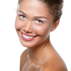 Obraz premium Beautiful young woman, female face and shouldes over white